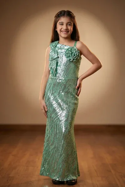 Mint Green Sequin One-Shoulder Floral Appliqué Party Wear Gown For Girls